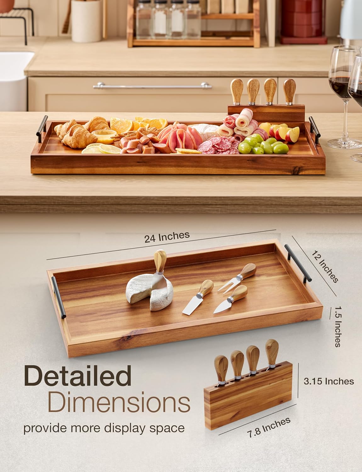 24" Large Charcuterie Tray with Handles, Extra Long Wooden Serving Cheese Boards - Serving Platter