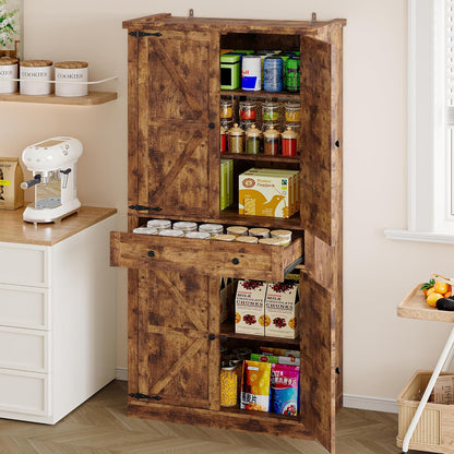 Pantry Organizers and Storage Cabinet, 70” Barn Door White Kitchen Cabinet with Drawers and