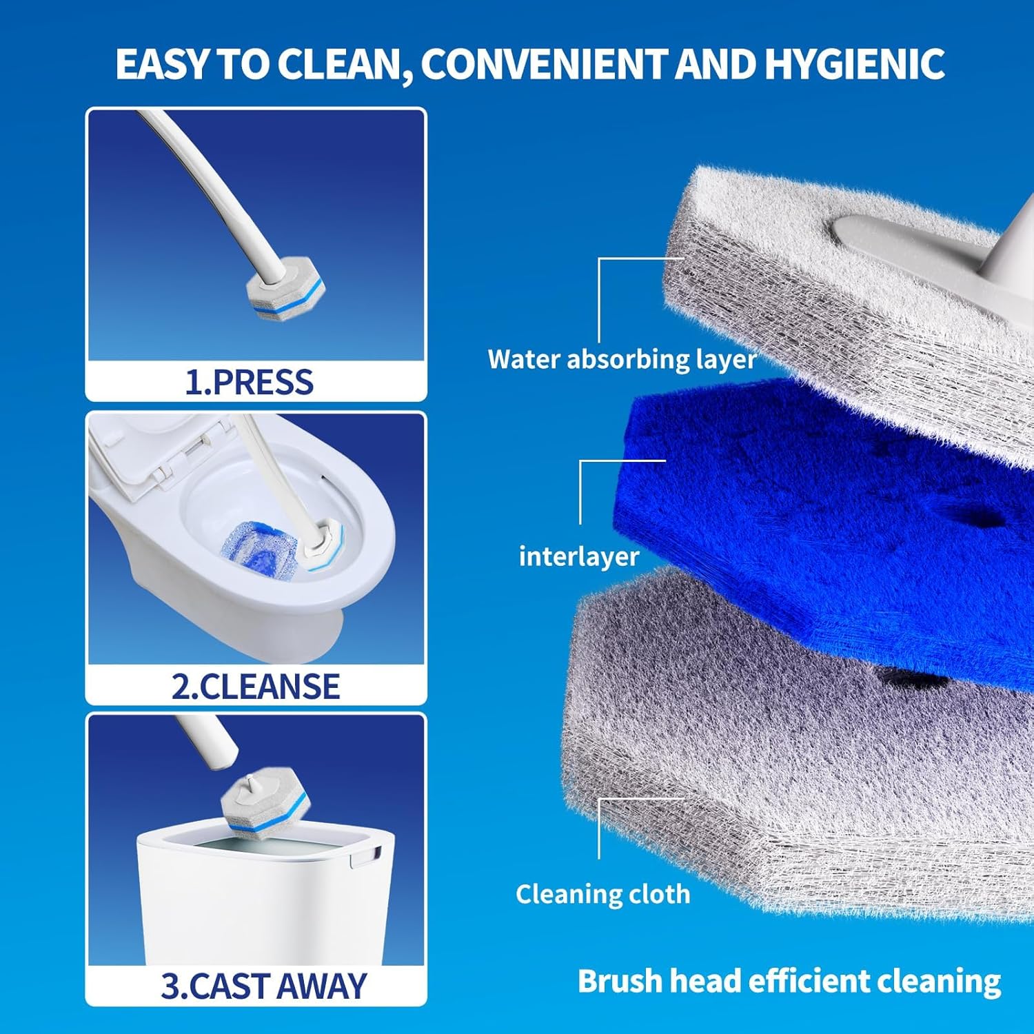 Disposable Toilet Cleaning Wand Set with 50 Refill Pads, Wall-Mounted Holder, Long Handle Toilet