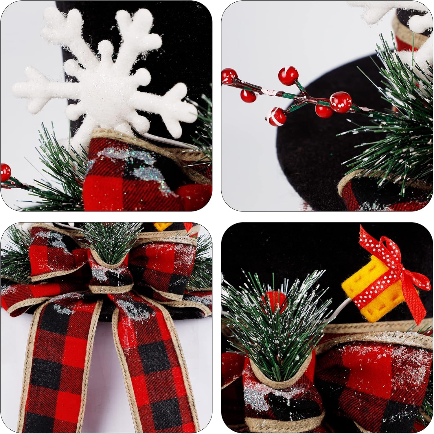 yofit Christmas Tree Topper Hat, Black Velvet Hat with Red Buffalo Plaid Bow Red Berry Snowflake