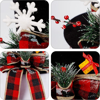 yofit Christmas Tree Topper Hat, Black Velvet Hat with Red Buffalo Plaid Bow Red Berry Snowflake