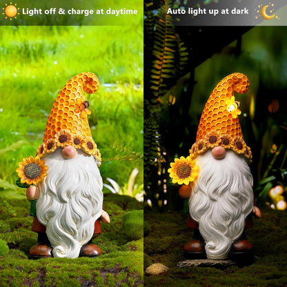Garden Gnomes Outdoor - Sunflower Gnome Statue with Solar LED Lights for Yard, Patio, Lawn