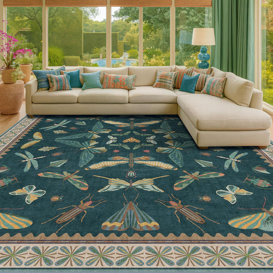 Insect Print Washable 8x10 Living Room Rug - Bugs, Butterfly, Bees, Moths Patterned Area Rugs for