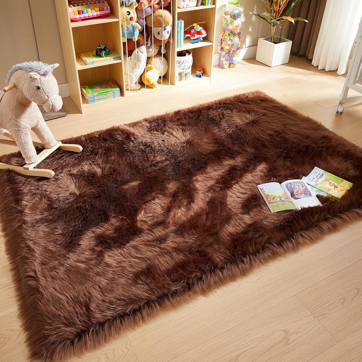 AMTOVO Faux Fur Sheepskin Rug for Living Room, 4 x 6 ft Coffee Fluffy Area Rug for Bedroom