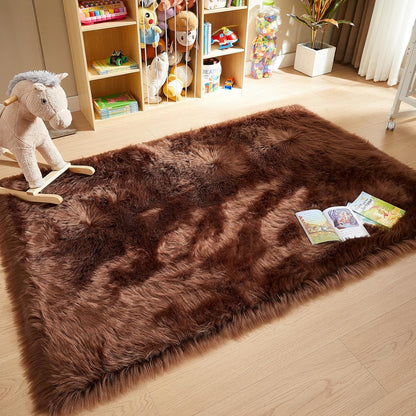 AMTOVO Faux Fur Sheepskin Rug for Living Room, 4 x 6 ft Coffee Fluffy Area Rug for Bedroom