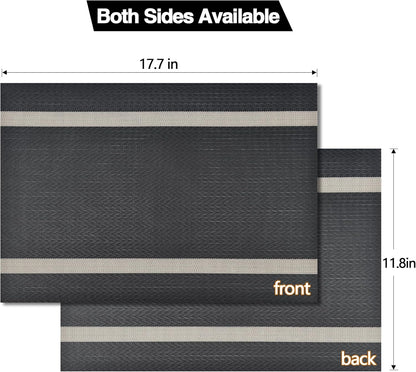 Black Placemats Set of 8 - Easy Clean Modern Durable Washable Vinyl Place Mats - Heat Resistant