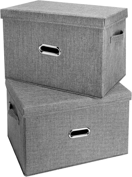 Large Linen Fabric Foldable Storage Bins with Removable Lid and Handles, Washable Storage Box