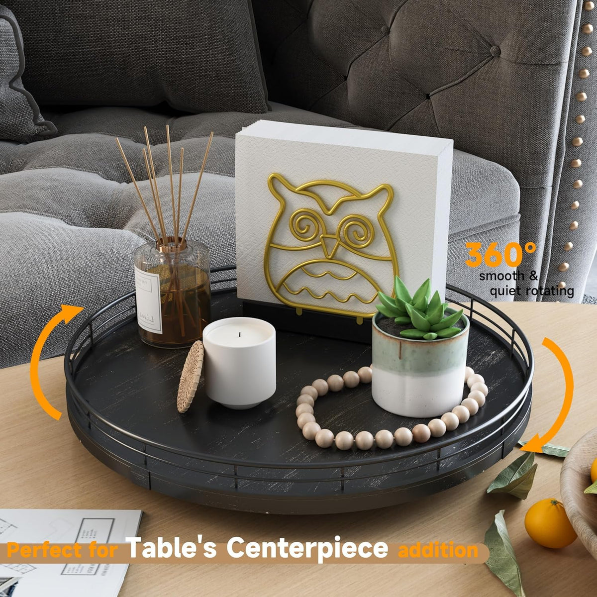 13" Oak Bathroom Vanity Tray Turntable for Perfume Candle, Round Wooden Decorative Tray for Kitchen