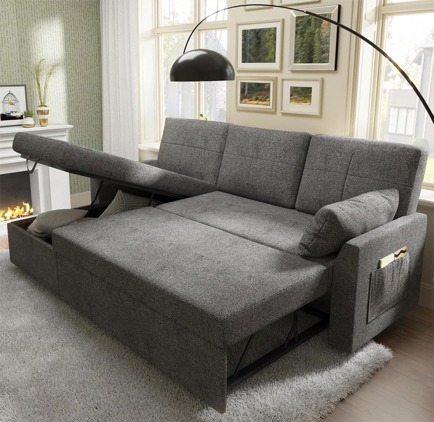 VanAcc Sleeper Sofa, Sofa Bed- 2 in 1 Pull Out Couch Bed with Storage Chaise, Sleeper Couch for