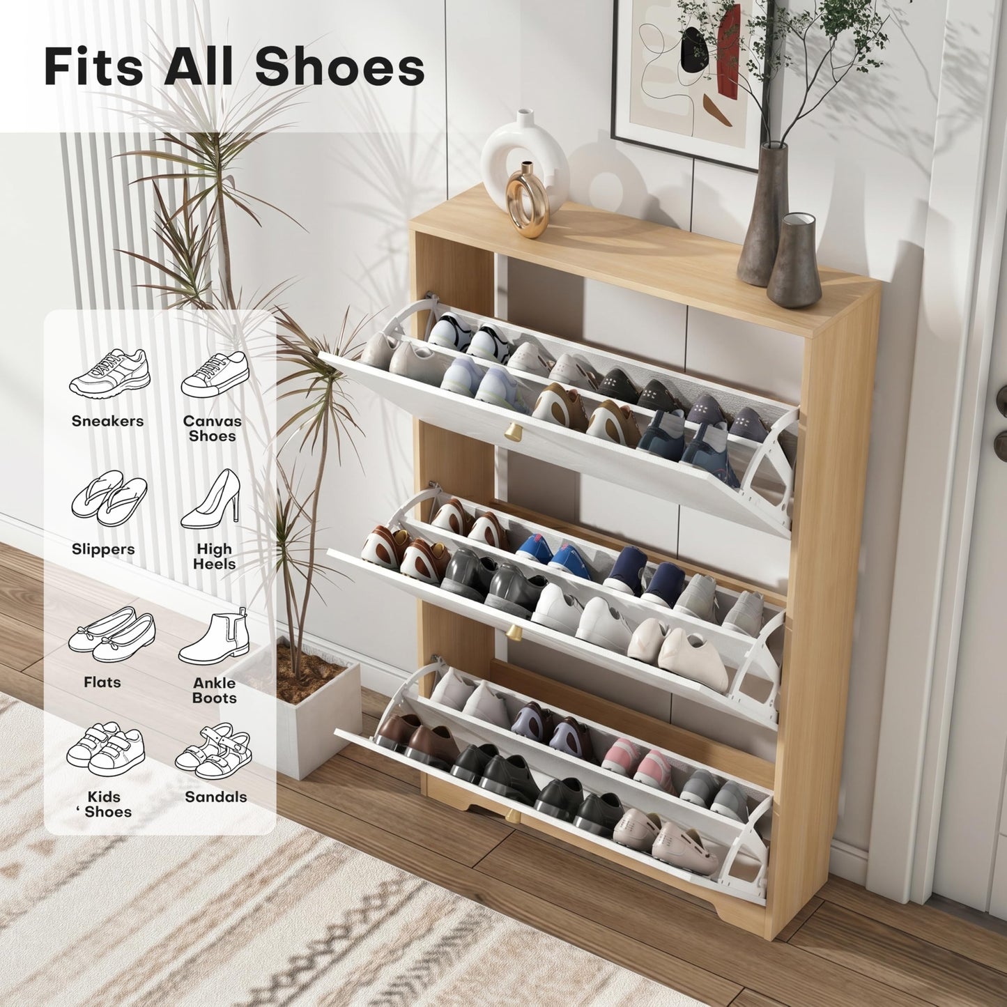 Nicetree Shoe Storage Cabinet with 3 Flip Drawers, Natural Oak and White