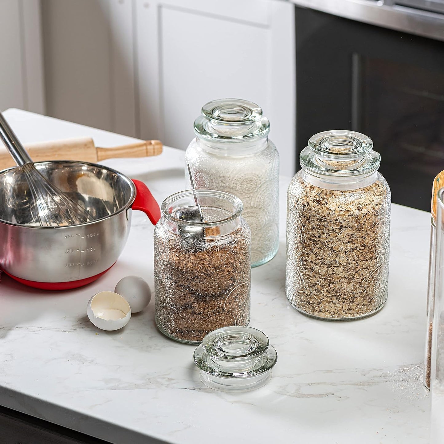 Le'raze Food Storage Containers with Airtight Lids - Retro Design - Pantry Organization, Glass