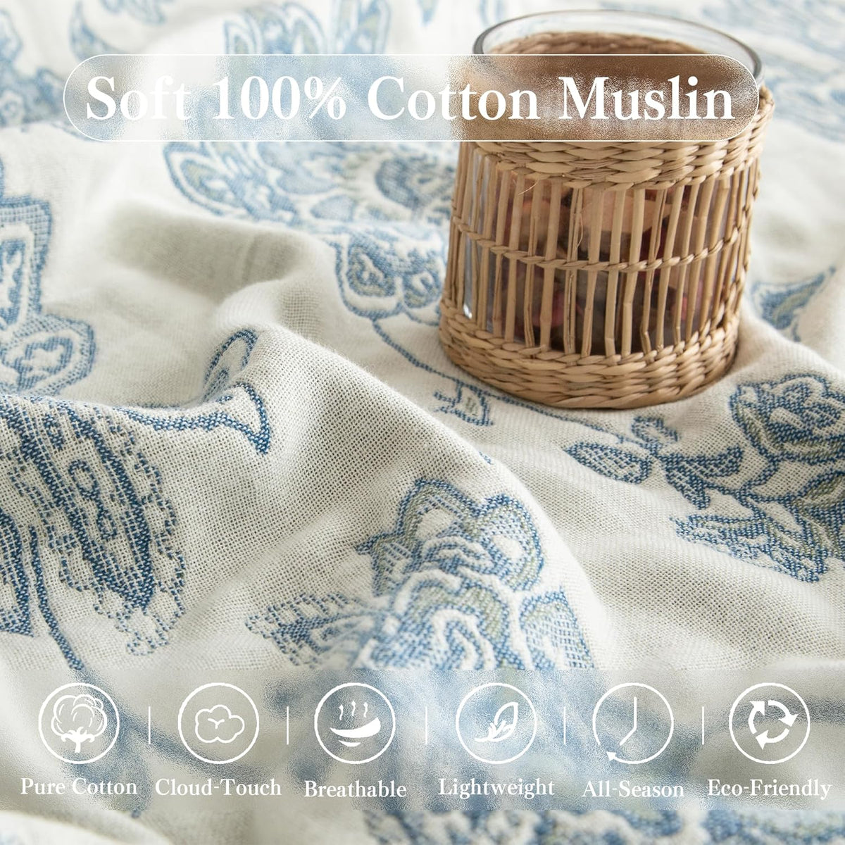 Boho Throw Blanket Twin Size, Soft Cozy Cotton Muslin Quilt Blanket for Bed Decor, Floral Patterned