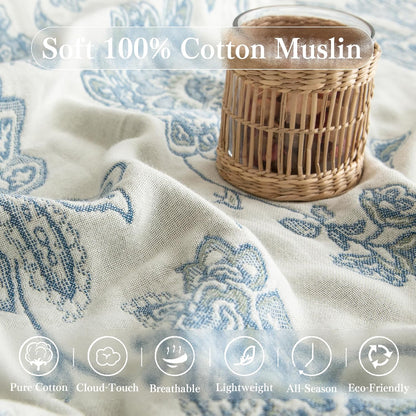 Boho Throw Blanket Twin Size, Soft Cozy Cotton Muslin Quilt Blanket for Bed Decor, Floral Patterned