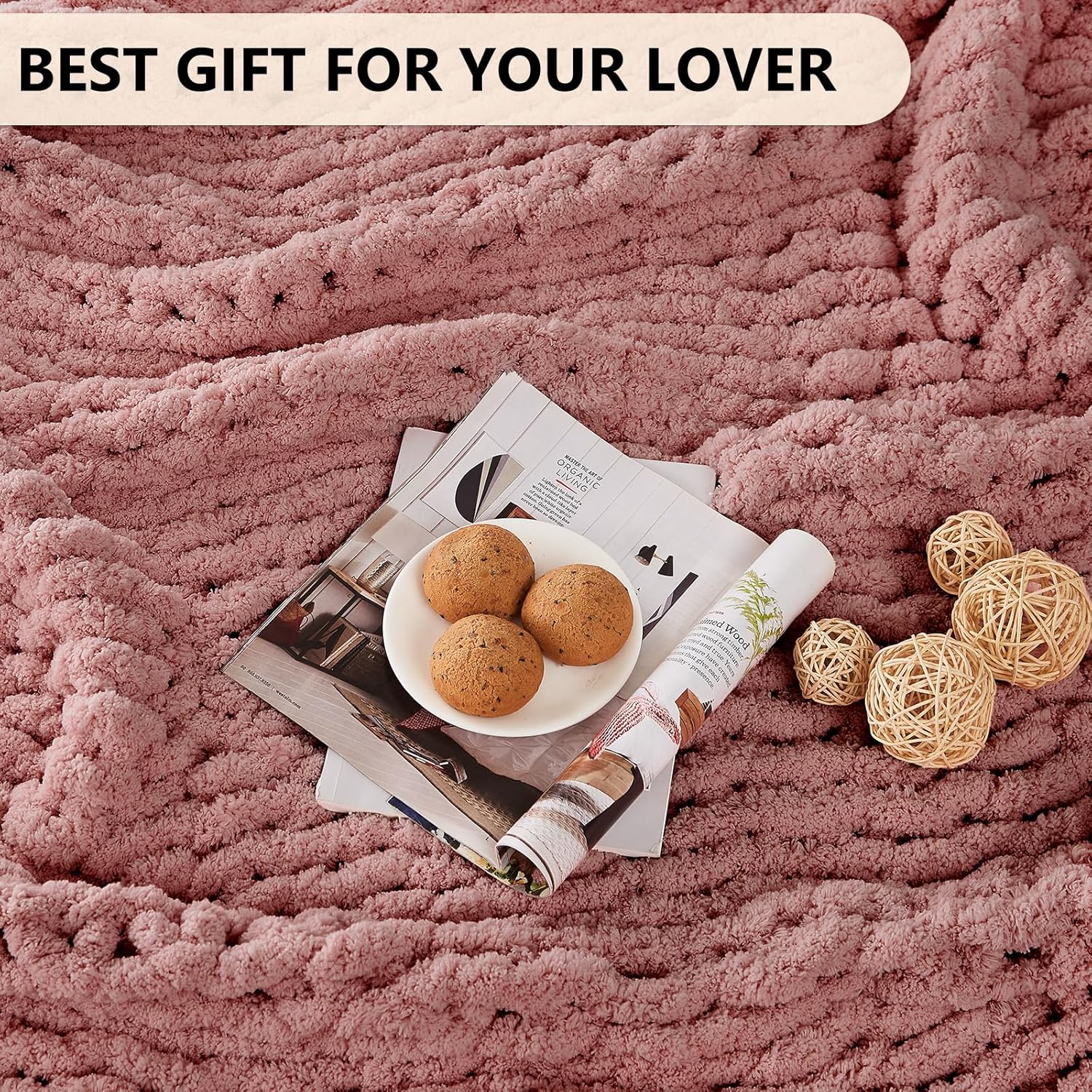 L'AGRATY Chunky Knit Blanket Throw - Soft Chunky Throw Blanket 50x60: 100% Hand Kintted Chenile