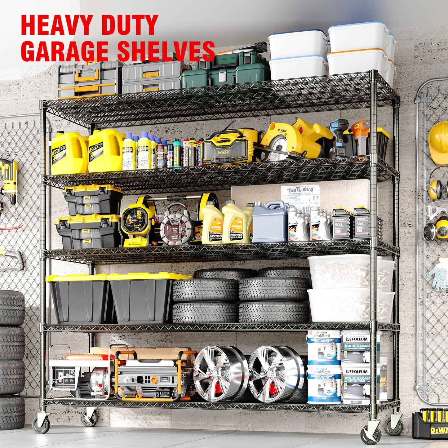 Garvee 5-Tier Storage Shelves Metal Shelving Units with Wheels for Garage