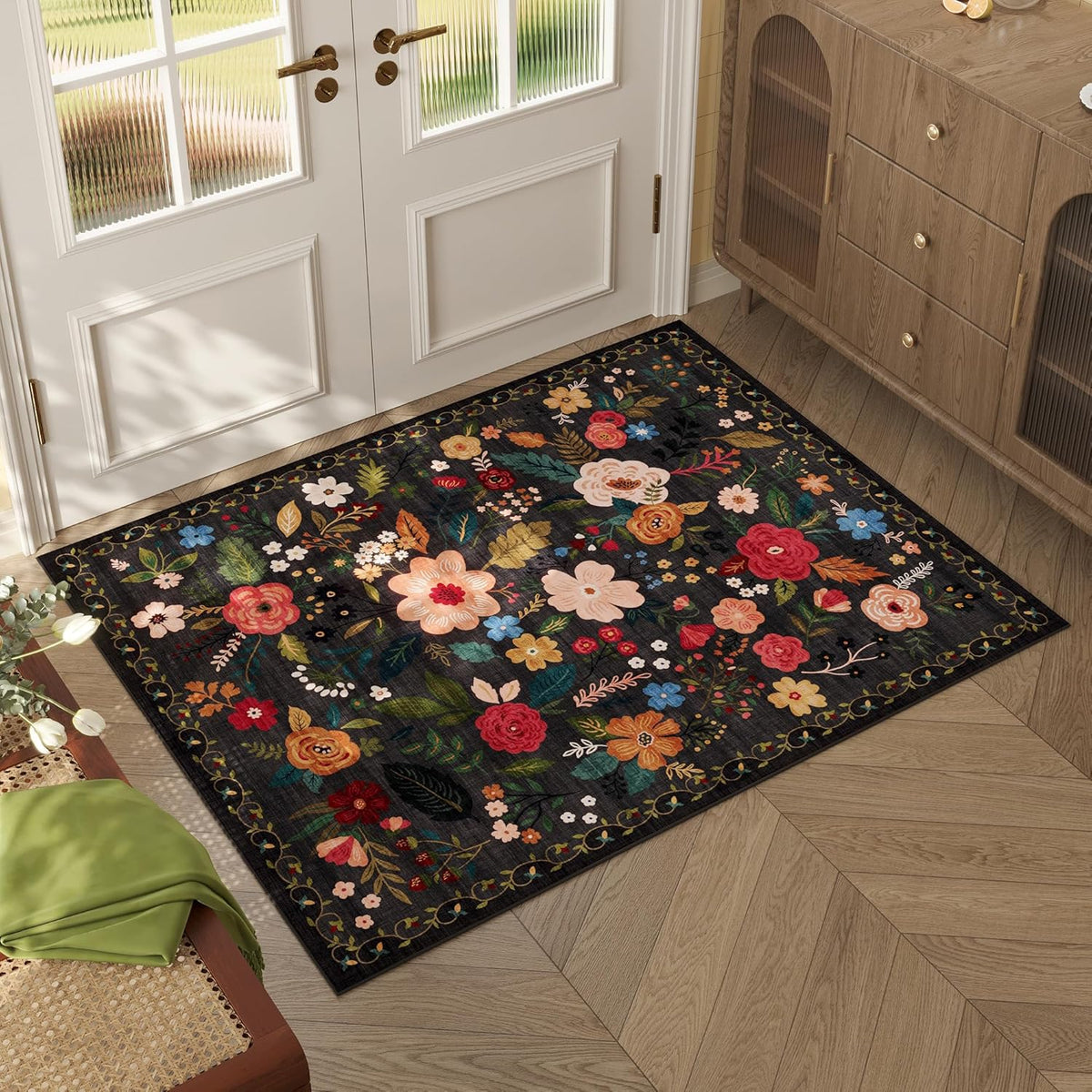 Door Mat Indoor Entrance 2x3 Rug Machine Washable Boho Floral Small Area Rug Non-Slip Low Pile