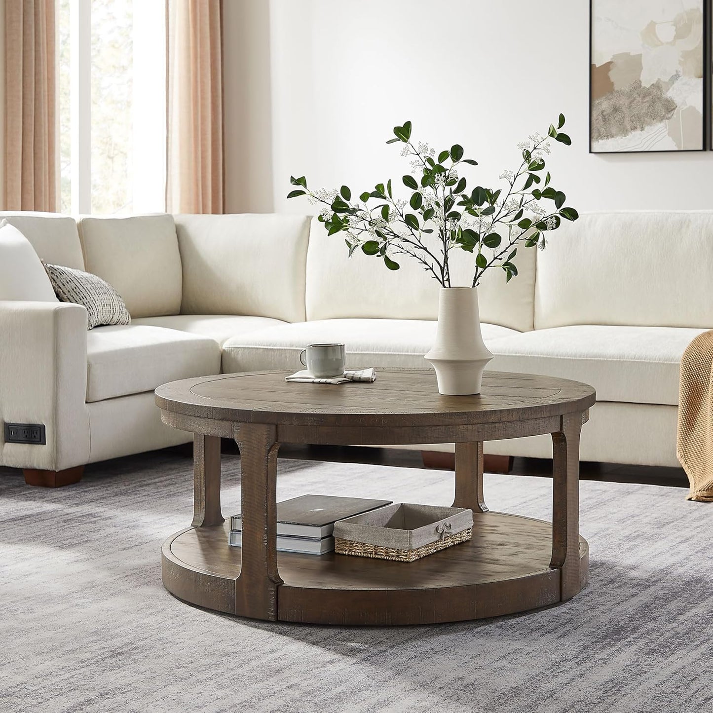 WILLIAMSPACE 40" Round Coffee Table with Wheels, Circle 2 Tier Solid Wood Center Coffee Table, Mid