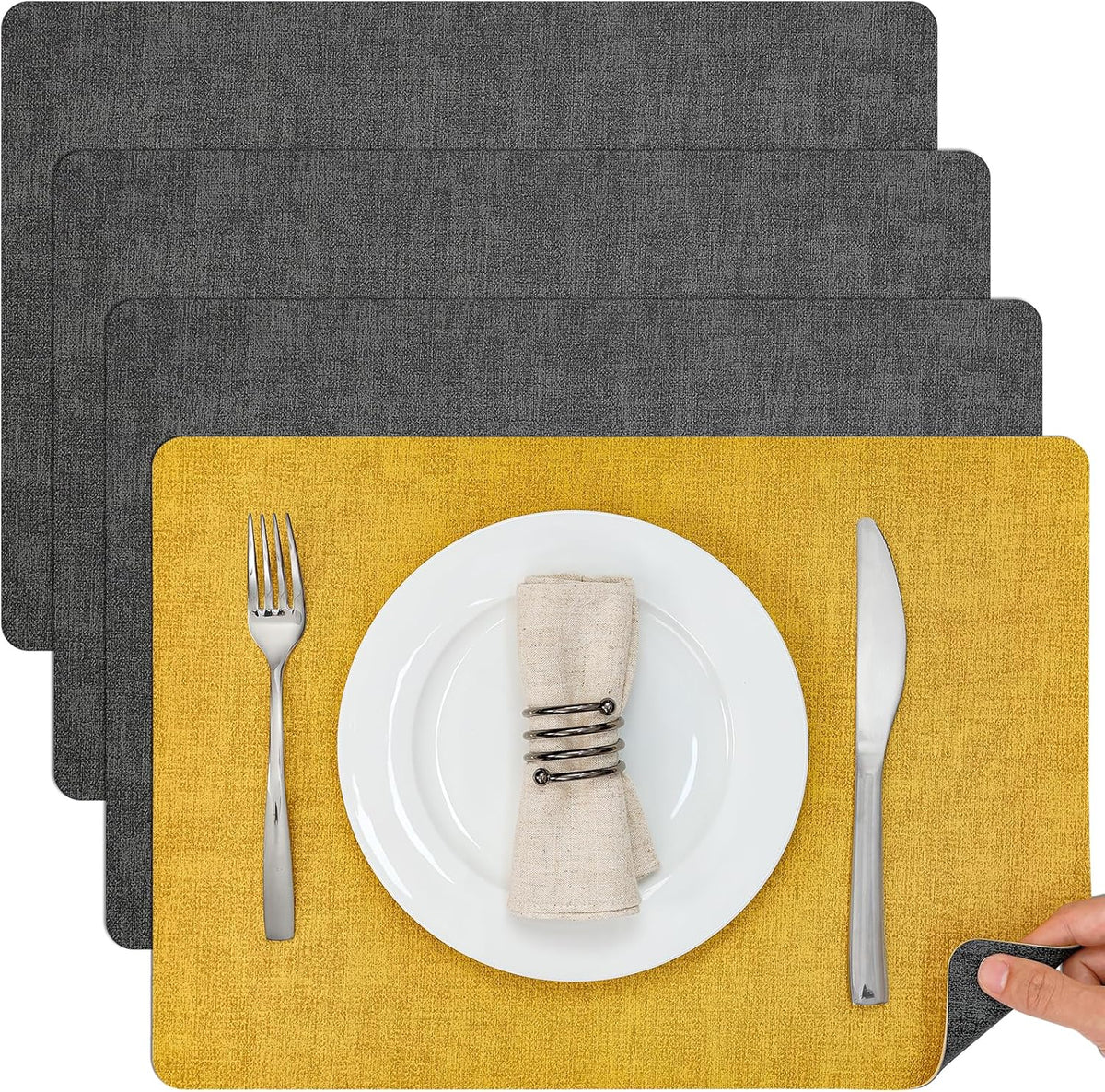 Myir JUN Dual Sided Placemats, Faux Leather Set of 4 for Dining Table Indoor Outdoor, Square