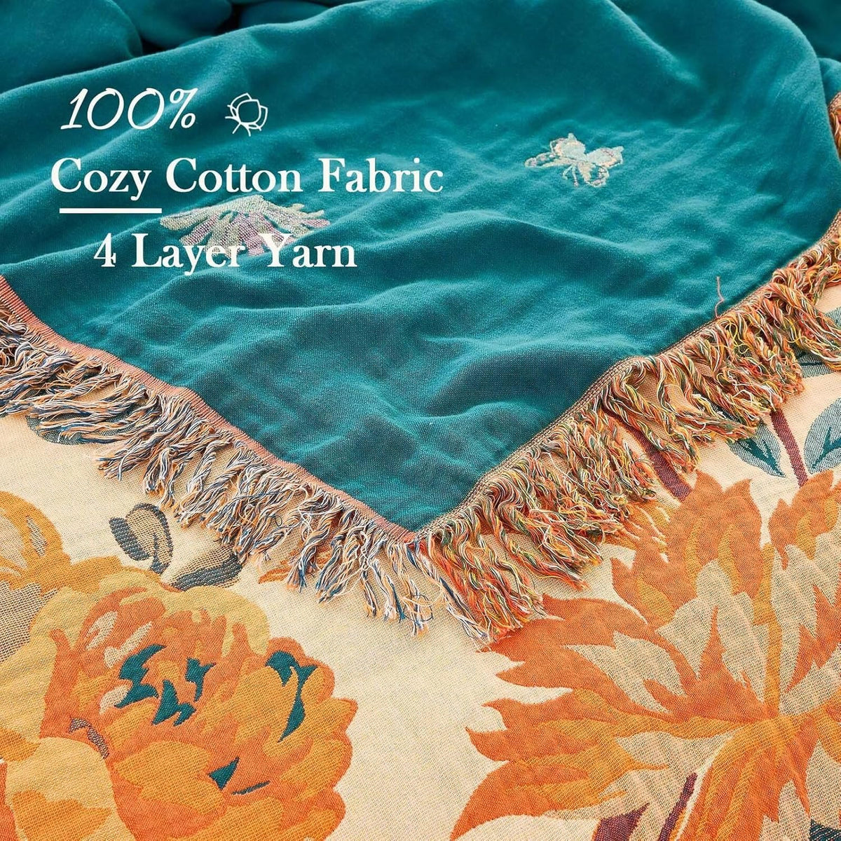 Boho Throw Blanket for Bed, 100% Cotton Soft Rustic Quilt Fall Blanket, 80" 90" Floral Printed