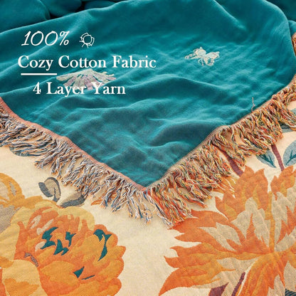 Boho Throw Blanket for Bed, 100% Cotton Soft Rustic Quilt Fall Blanket, 80" 90" Floral Printed