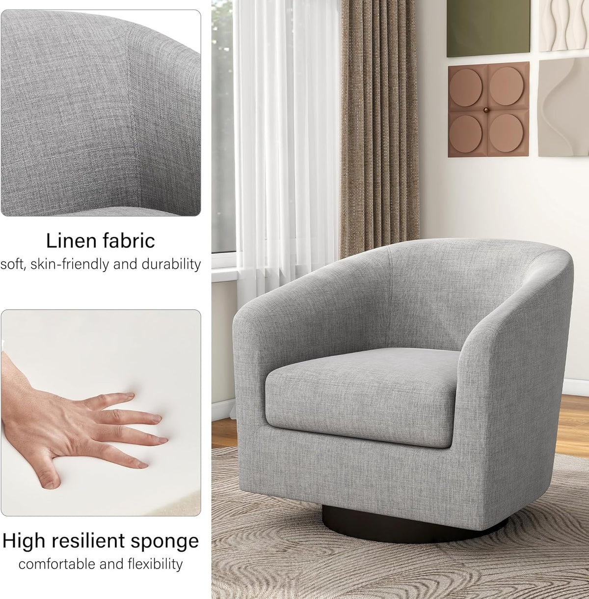 Swivel Barrel Accent Chair, Modern Round Linen Arm Chair for Living Room, Bedroom, Comfy Club