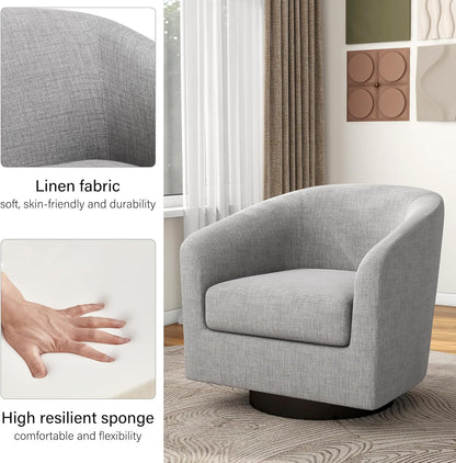 Swivel Barrel Accent Chair, Modern Round Linen Arm Chair for Living Room, Bedroom, Comfy Club