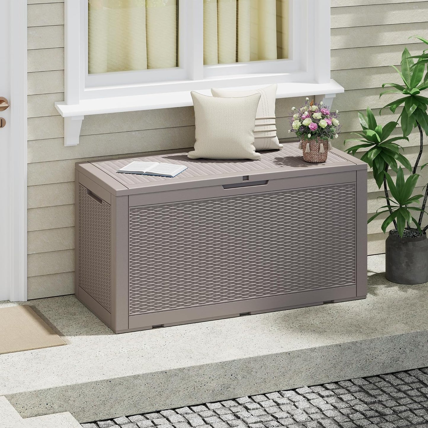 NUNU LAB 102 Gallon Large Waterproof Resin Deck Box, Lockable Outdoor Storage Box with Gas Lift