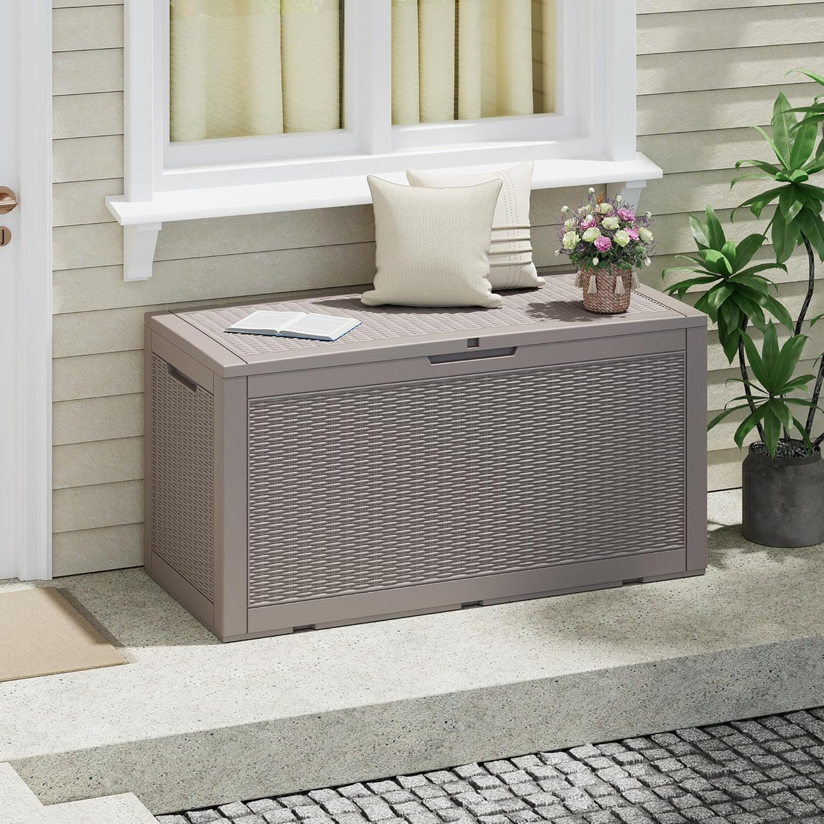 NUNU LAB 102 Gallon Large Waterproof Resin Deck Box, Lockable Outdoor Storage Box with Gas Lift