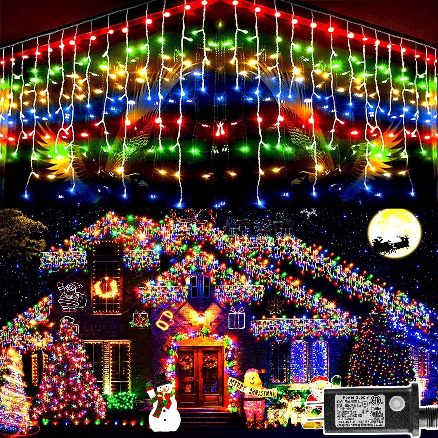KNONEW 99ft 1216 LED Christmas Lights Outdoor 8 Modes Curtain Fairy String Light with 228 Drops