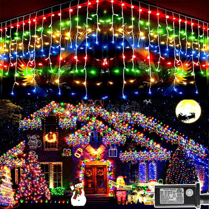 KNONEW 99ft 1216 LED Christmas Lights Outdoor 8 Modes Curtain Fairy String Light with 228 Drops