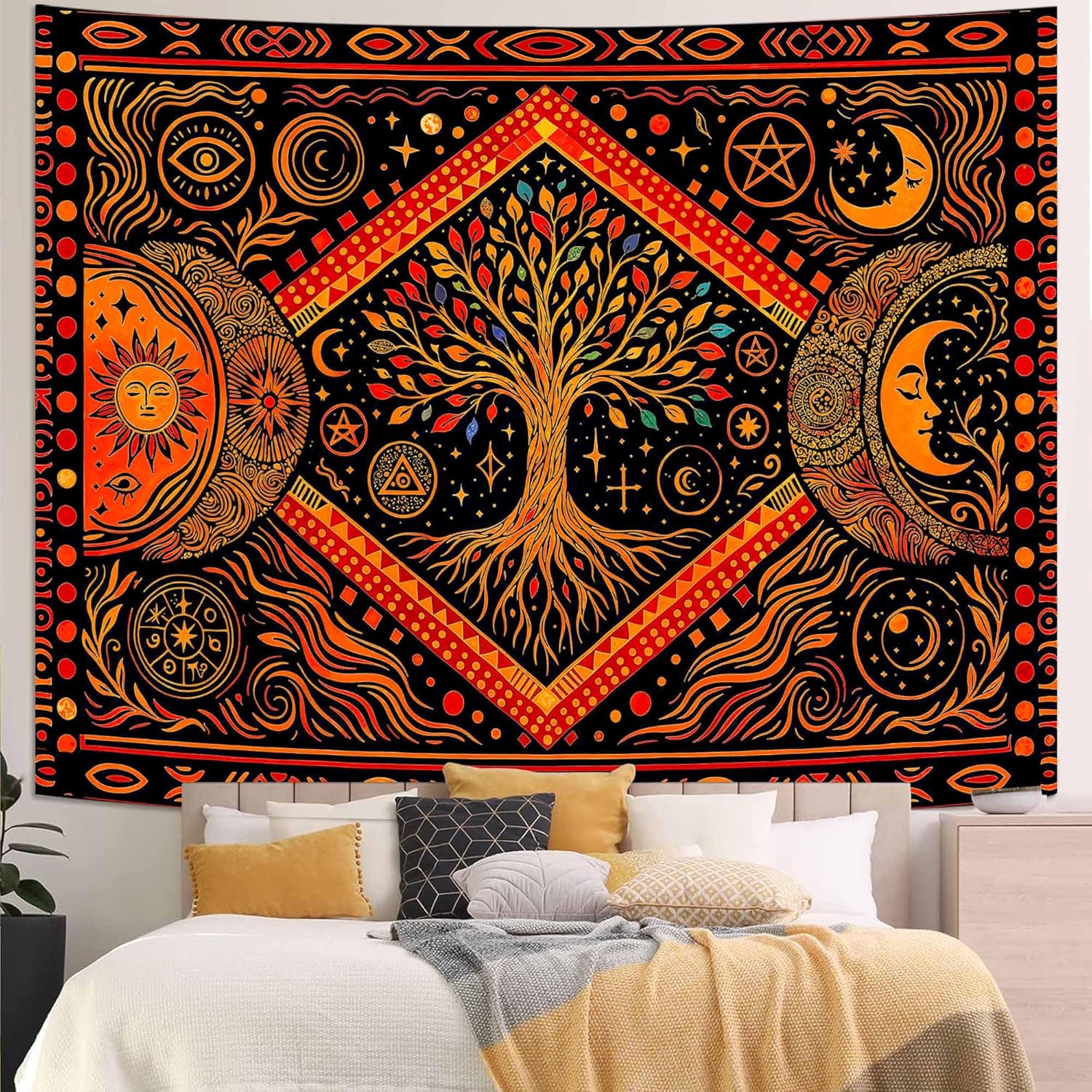 Lunerfex Tree of Life Sun Moon Stars Wall Tapestry, Cosmic Harmony Symbol Tapestries for Home