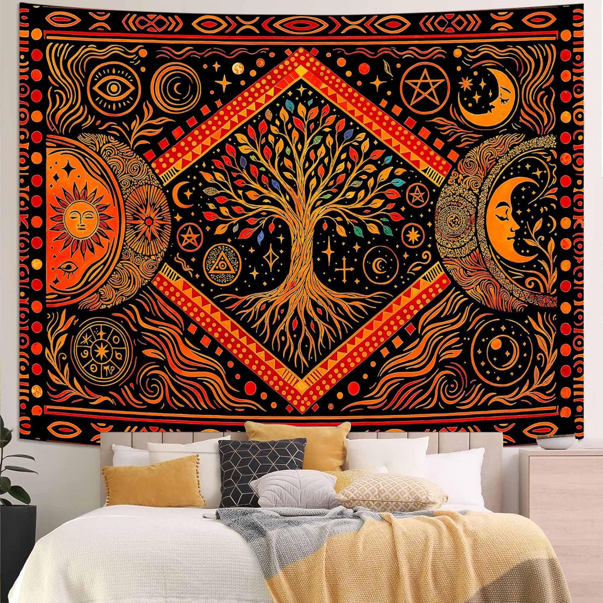 Lunerfex Tree of Life Sun Moon Stars Wall Tapestry, Cosmic Harmony Symbol Tapestries for Home
