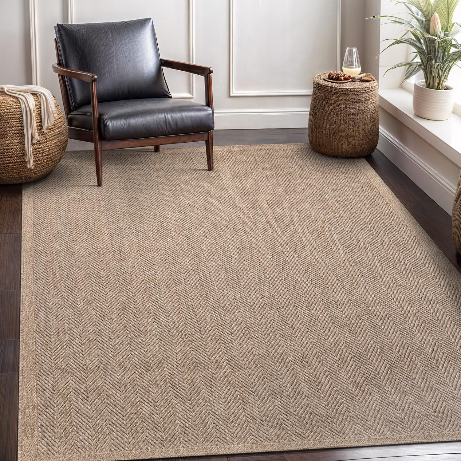 CAMILSON Easy Jute Rug 5x7, Indoor Outdoor Natural Color Fiber Area Rugs for Living Room Patio and