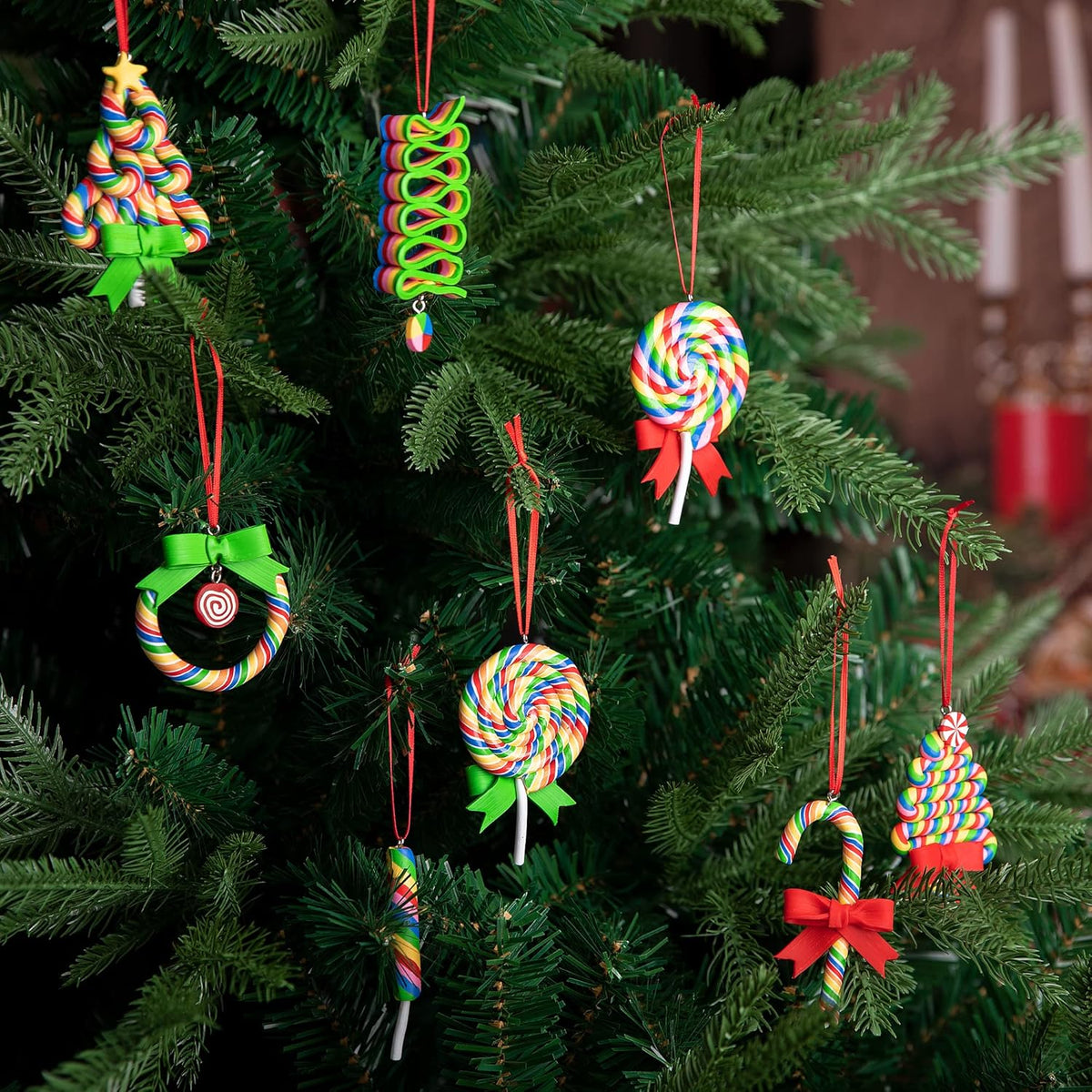 codree 8 PCS Christmas Lollipop Ornaments- Rainbow Lollipop Hanging Ornaments- Christmas Candies