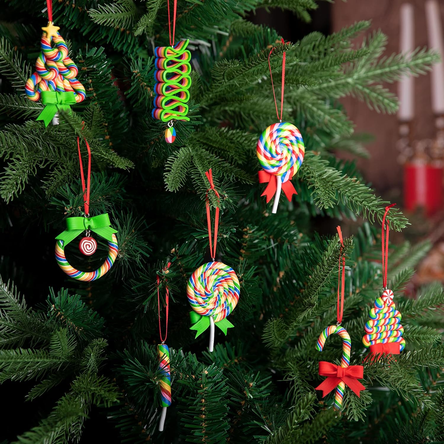 codree 8 PCS Christmas Lollipop Ornaments- Rainbow Lollipop Hanging Ornaments- Christmas Candies