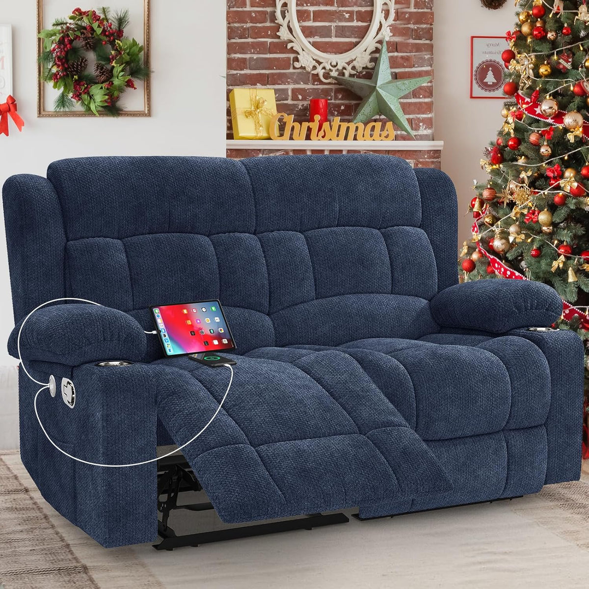 Loveseat Recliner Sofa, 2 Seater Minimalist Style Fabric Manual Pull Tab Reclining Loveseat with