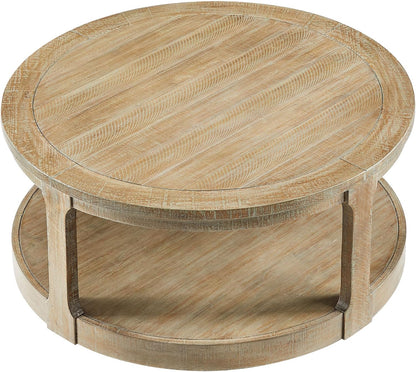 WILLIAMSPACE 40" Round Coffee Table with Wheels, Circle 2 Tier Solid Wood Center Coffee Table, Mid