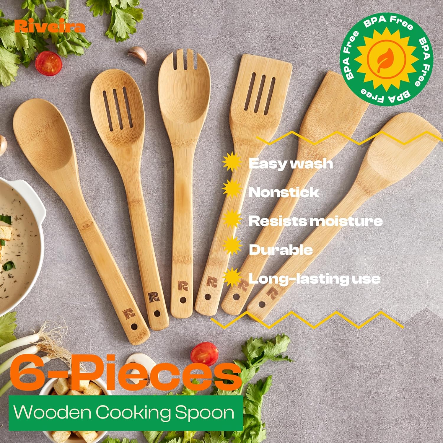 Riveira Bamboo Cooking Spoons 6-Piece – Wooden Cooking Utensils Set with Wooden Spoons for Cooking