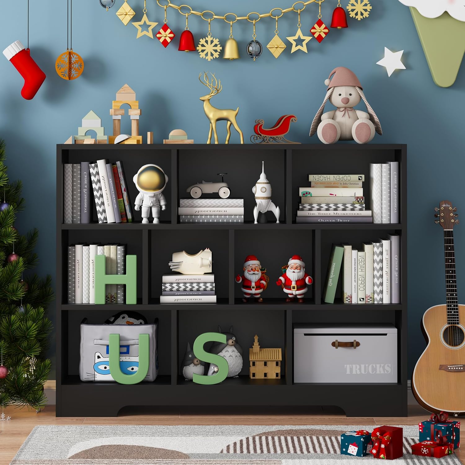 Book Shelf, 10 Cubes Storage Organizer, 3-Tier Open Shelf Wooden Bookcase, Freestanding Balck