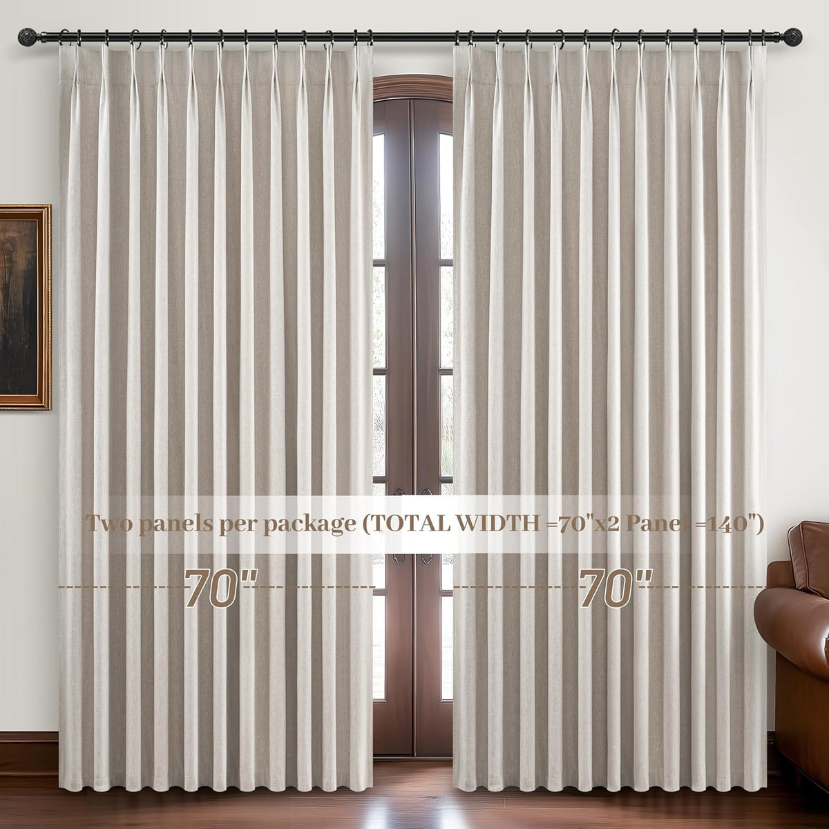 Curtains 70 Inch Length Wide Pinch Pleated Blackout Curtain for Sliding Glass Door/Living Room