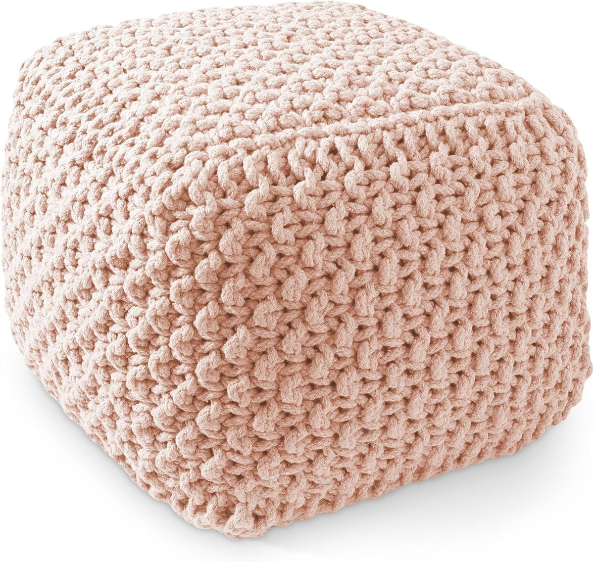 Casafield Square Pouf Ottoman, Light Pink 18.5" W x 18.5" D x 14.5" H Cotton Knit Foot Stool - Boho