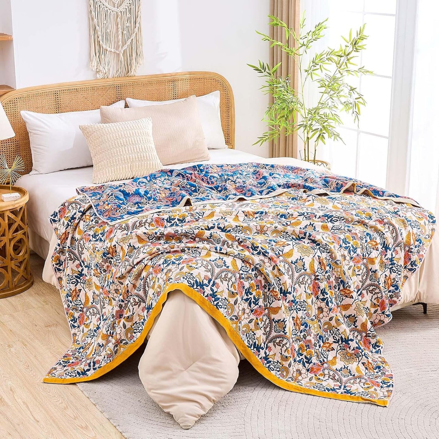 Boho Blanket Throw Quilt, 100% Cotton Soft Light Weight Throw Blankets for Summer, 50"x60"