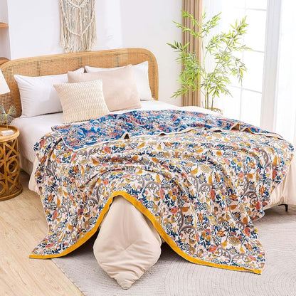 Boho Blanket Throw Quilt, 100% Cotton Soft Light Weight Throw Blankets for Summer, 80"x90"