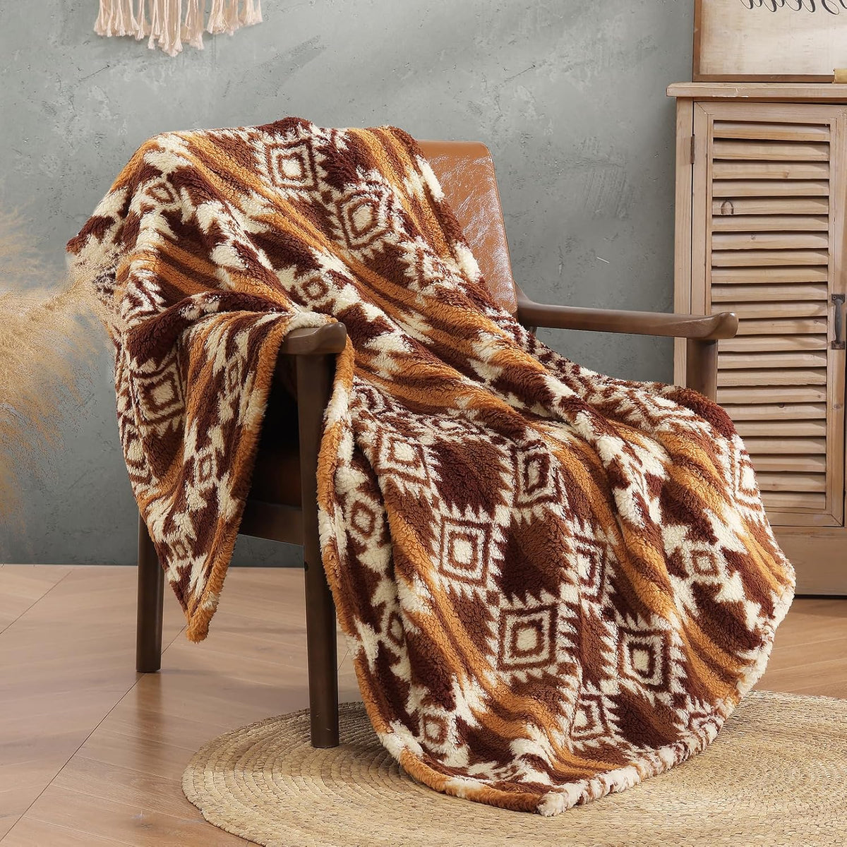 CASAAGUSTO Boho Sherpa Blanket, Aztec Twin Blanket,Ultra Soft, Warm, Cozy, Plush, Thick Fleece