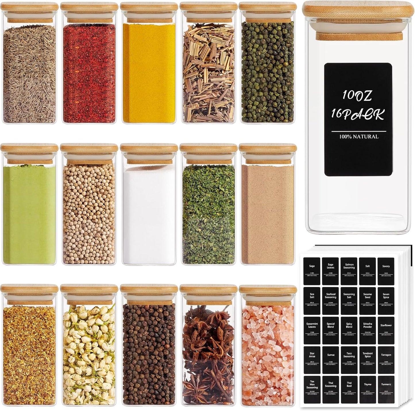 ComSaf 16Pcs Glass Spice Jars with Bamboo Lid, 10oz Airtight Square Containers with 275 Black