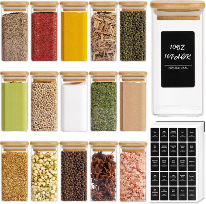 ComSaf 16Pcs Glass Spice Jars with Bamboo Lid, 10oz Airtight Square Containers with 275 Black