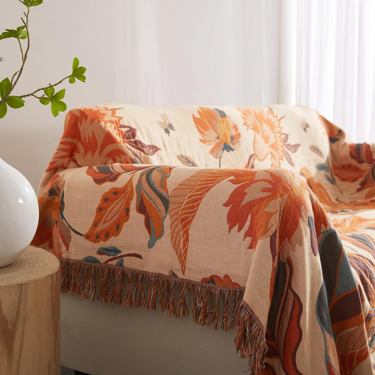 Boho Throw Blanket for Bed 60”x80”, 100% Cotton Woven Blanket for Couch Sofa, Ultra Soft 4-Layer