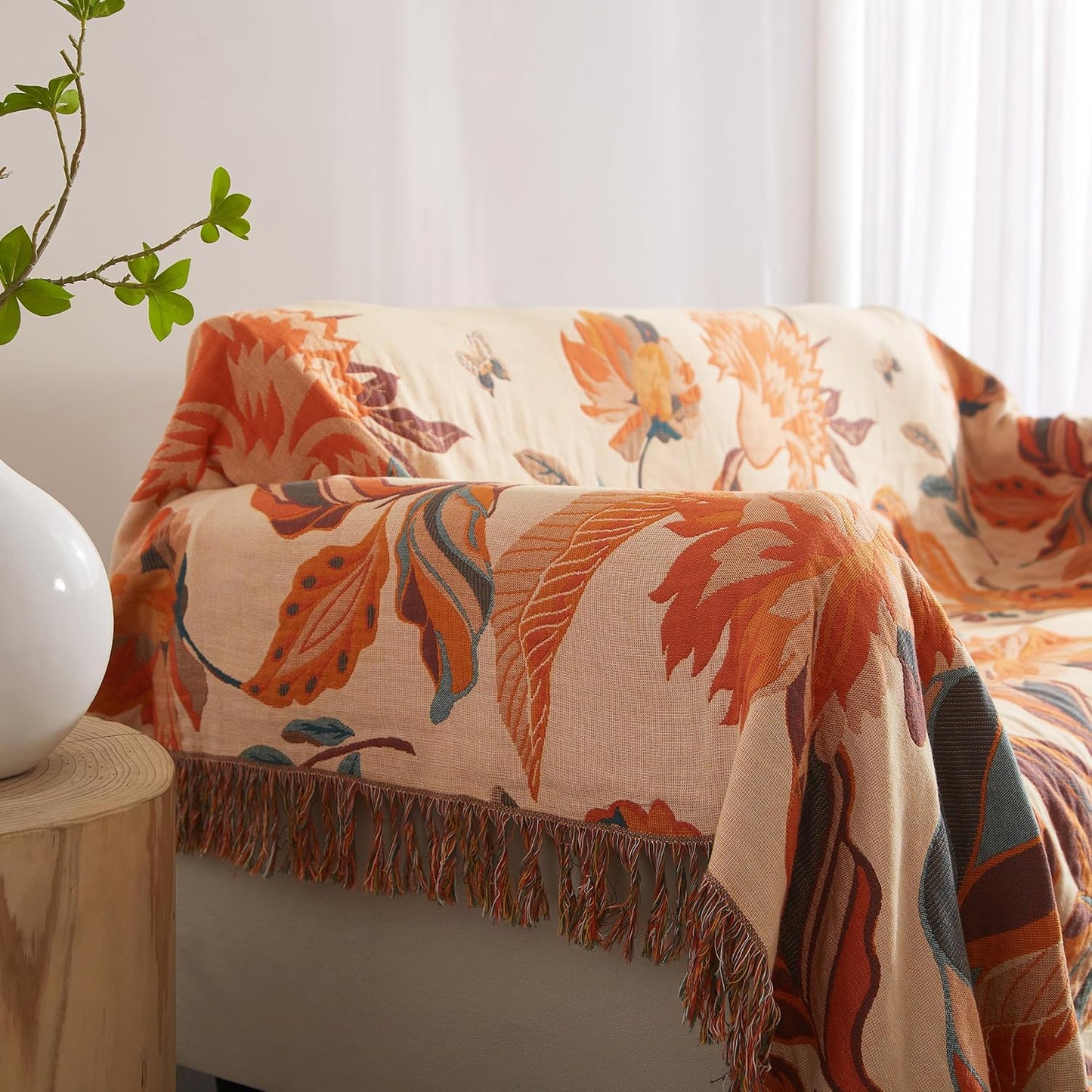 Boho Throw Blanket for Bed 90”x98”, 100% Cotton Woven Blanket for Couch Sofa, Ultra Soft 4-Layer