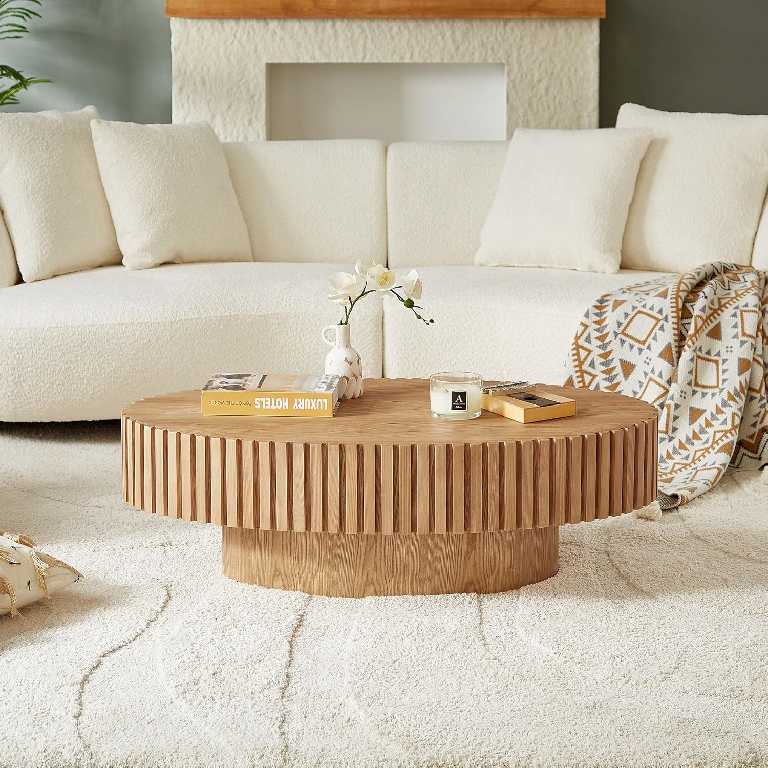 Oval Coffee Table for Living Room, Modern Fluted Coffee Tables with Pedestal Base, Handcrafted