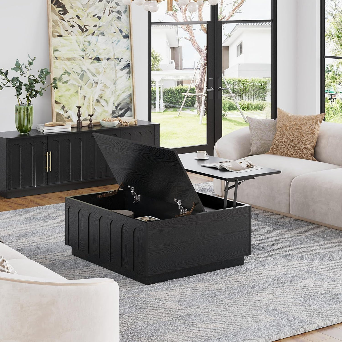 Lift Top Coffee Table with Storage, Modern Coffee Table with Arched Design, 31.5" Square Tea Table